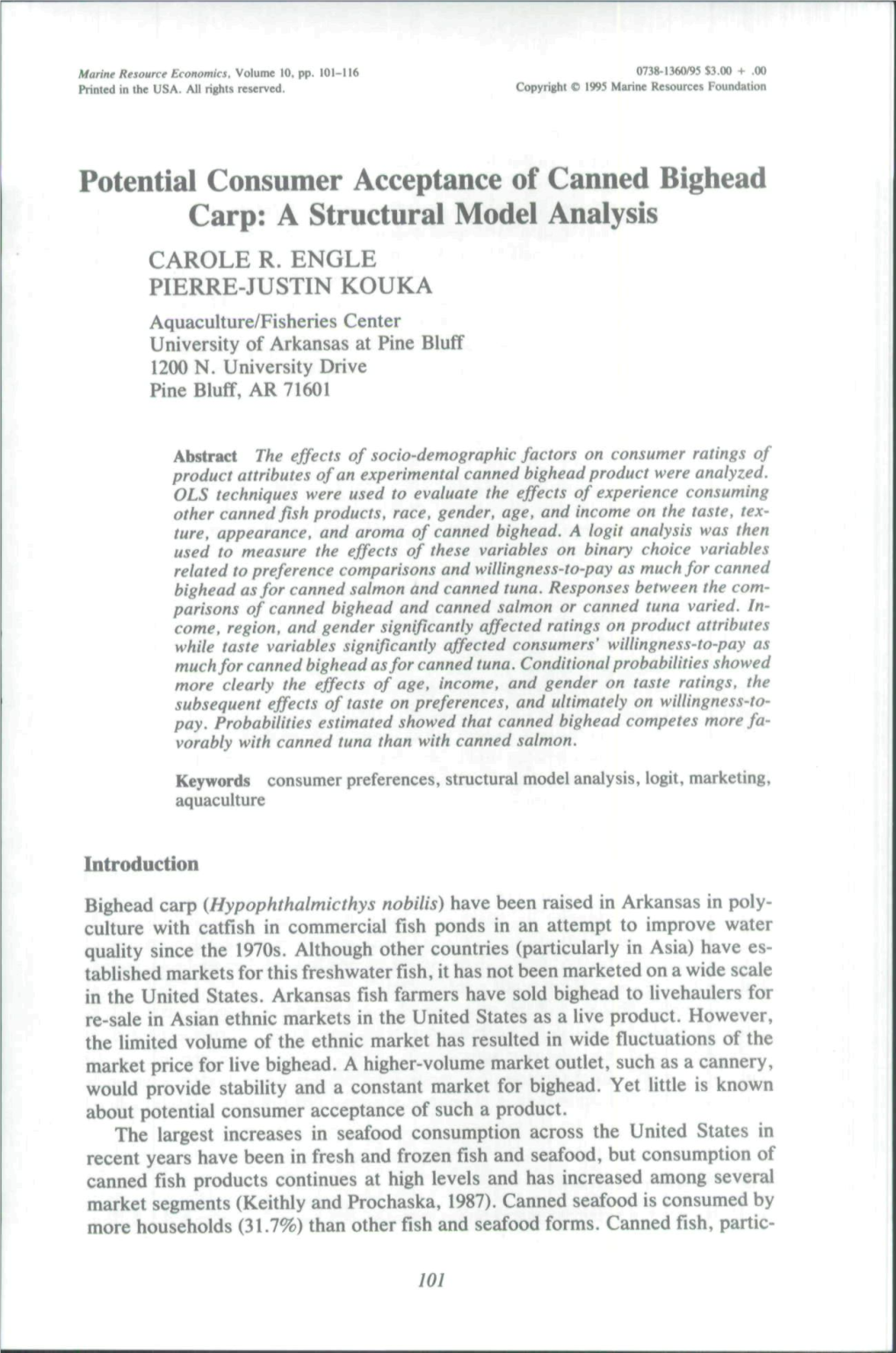 Potential Consumer Acceptance of Canned Bighead Carp: a Structural Model Analysis CAROLE R