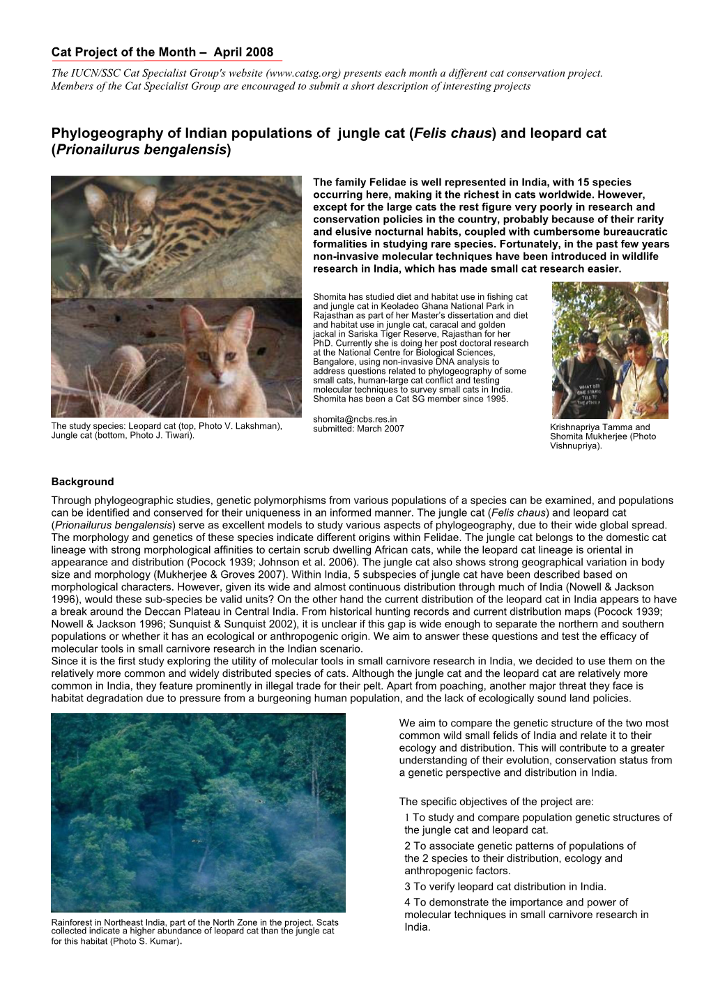 Phylogeography of Indian Populations of Jungle Cat (Felis Chaus) and Leopard Cat (Prionailurus Bengalensis)