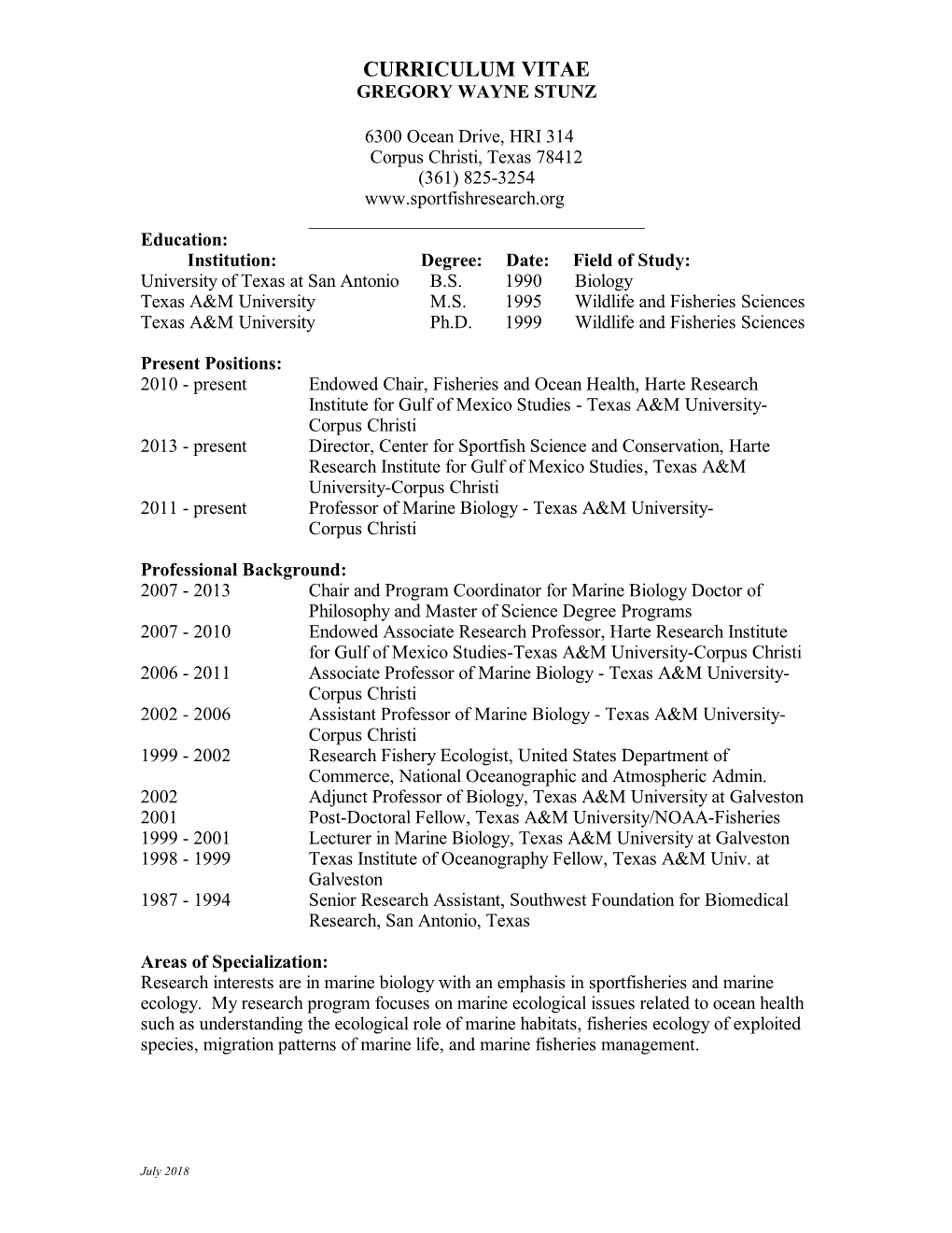 Curriculum Vitae Gregory Wayne Stunz