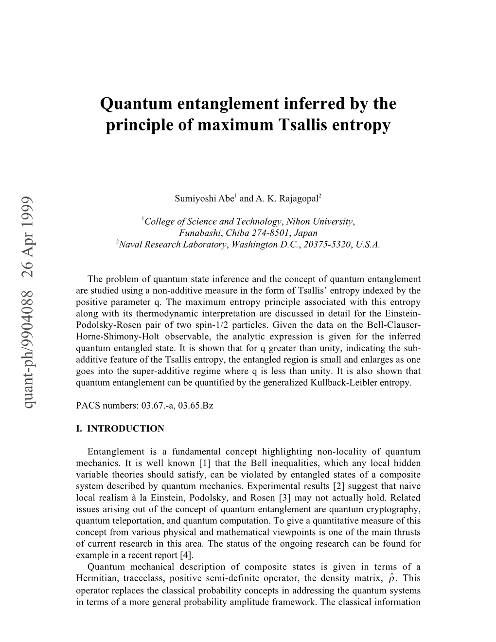 Quantum Entanglement Inferred by the Principle of Maximum Tsallis Entropy