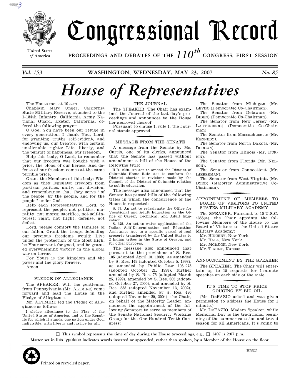 Congressional Record United States Th of America PROCEEDINGS and DEBATES of the 110 CONGRESS, FIRST SESSION