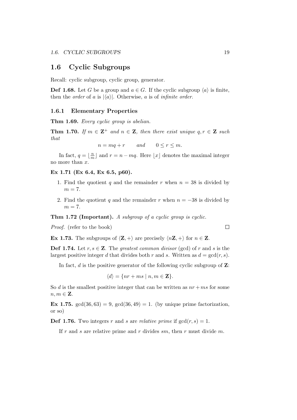 1.6 Cyclic Subgroups