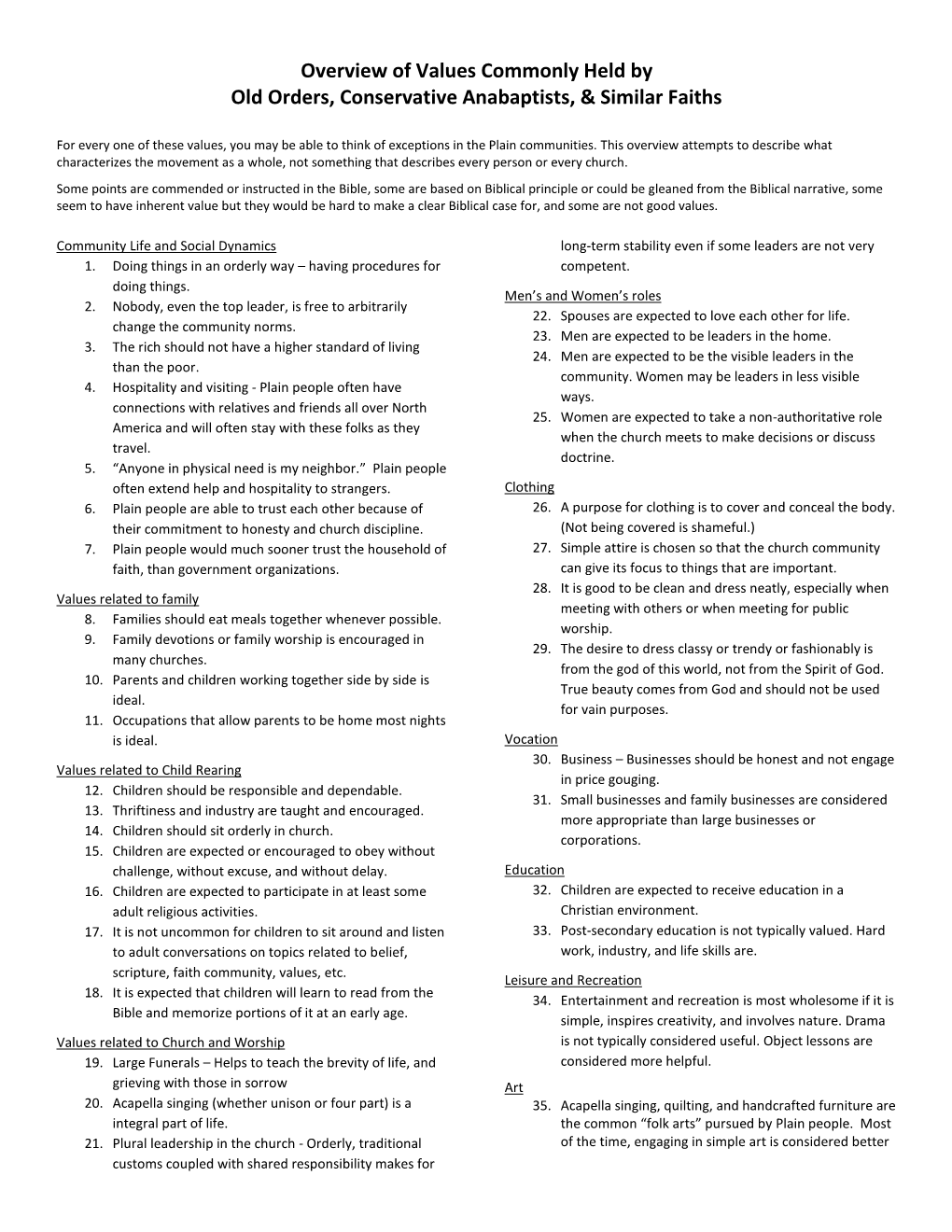 Overview of Values Commonly Held by Old Orders, Conservative Anabaptists, & Similar Faiths