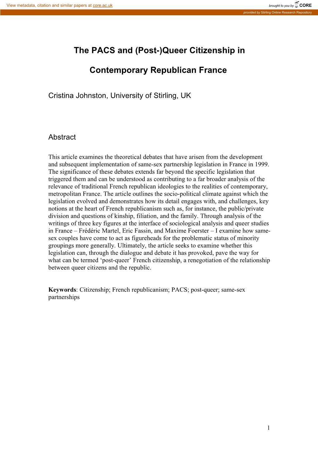 Queer Citizenship in Contemporary Republican France