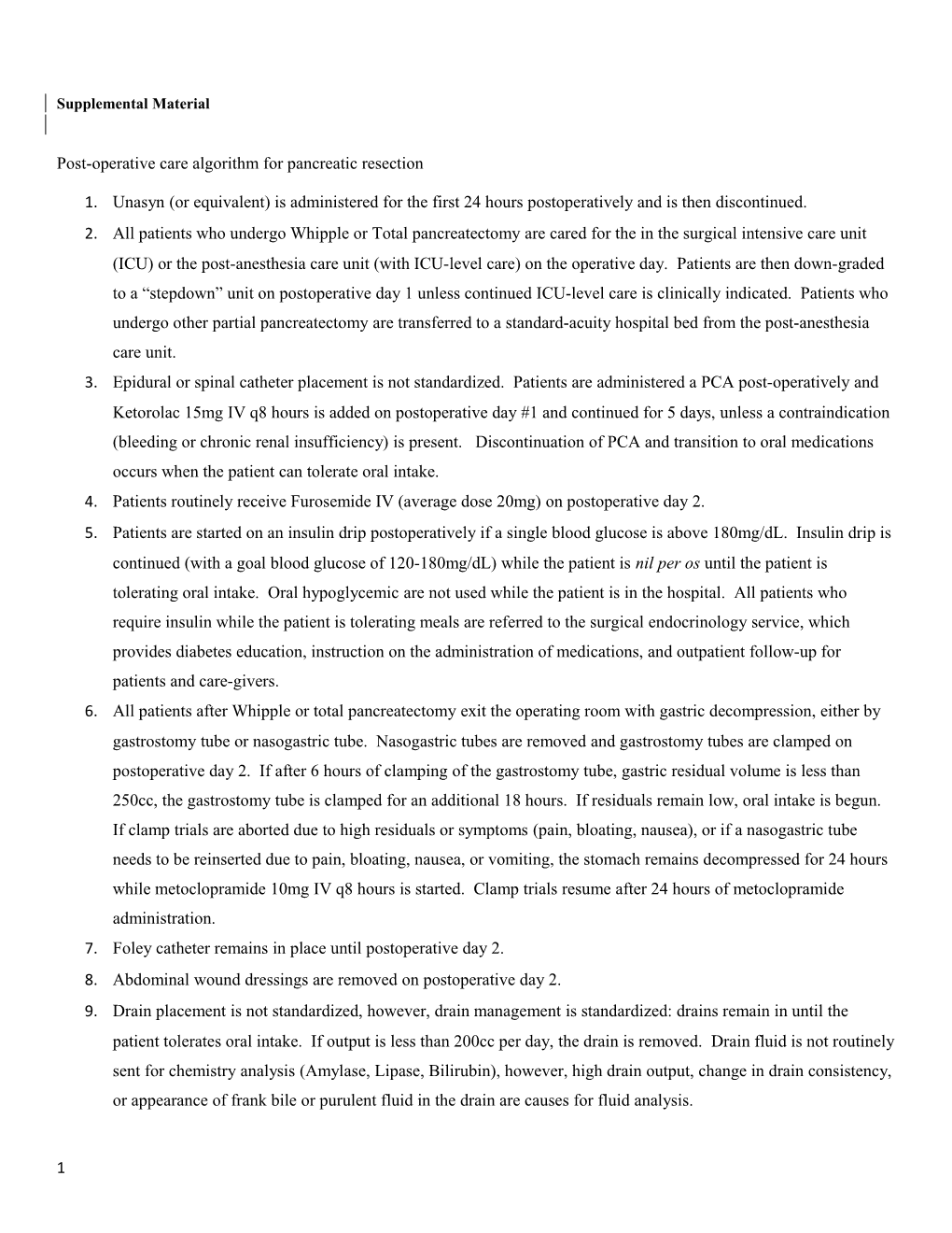 Post-Operative Care Algorithm for Pancreatic Resection