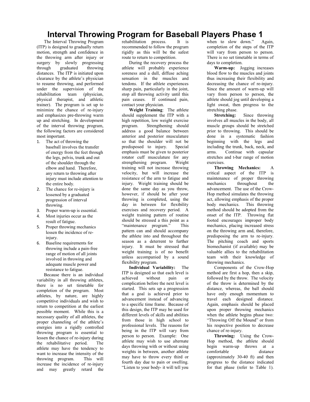 Interval Throwing Program for Baseball Players Phase 1