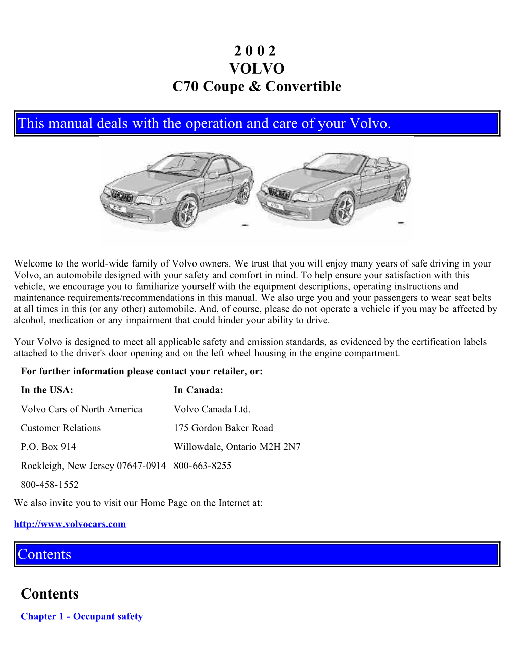 2 0 0 2 VOLVO C70 Coupe & Convertible This Manual Deals With