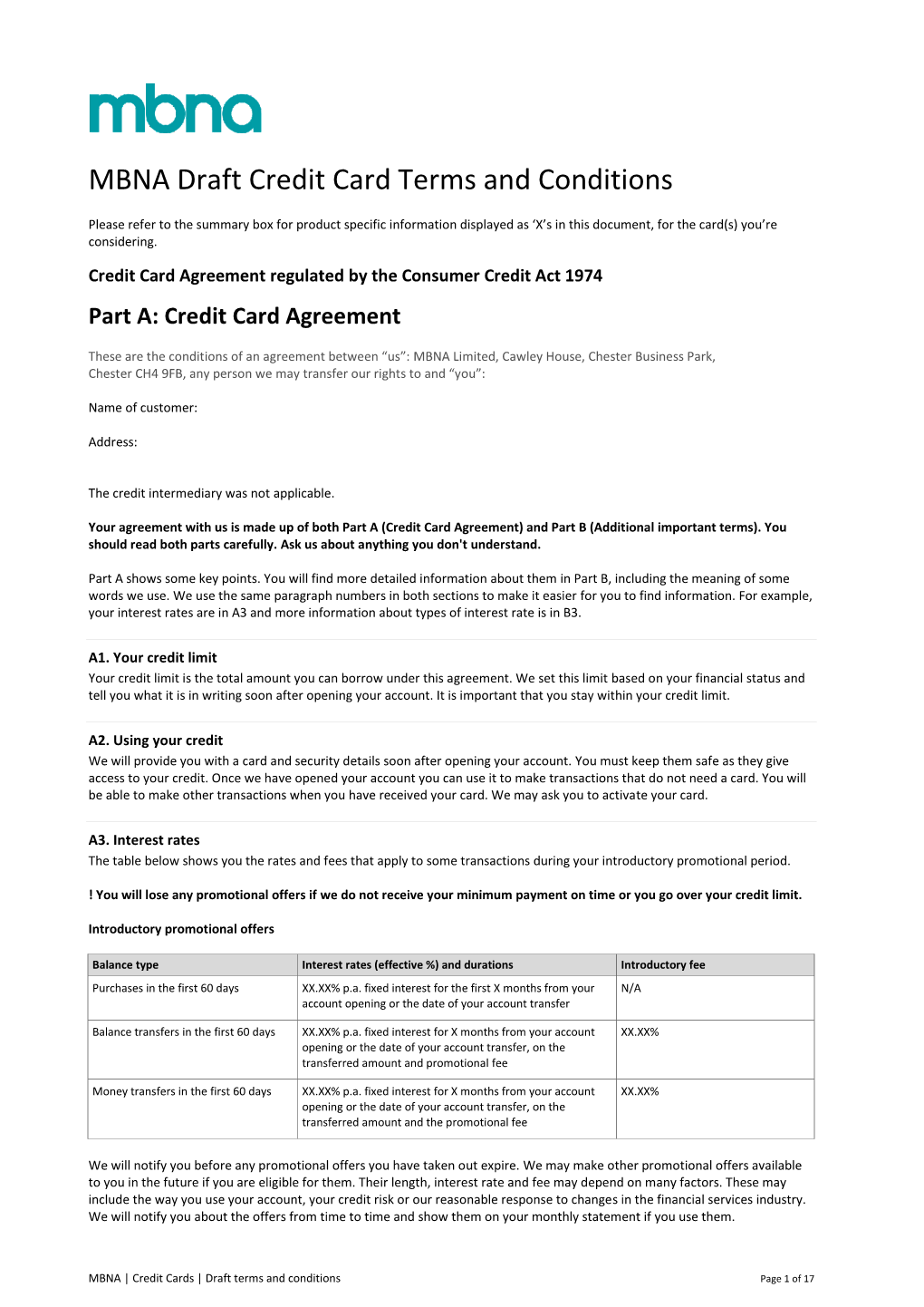 MBNA General Credit Card Terms and Conditions