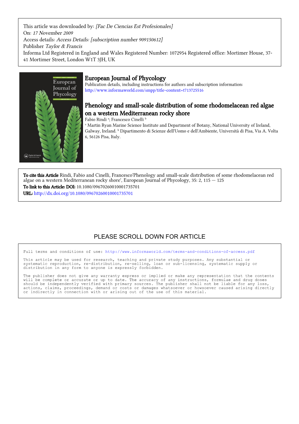 European Journal of Phycology Phenology and Small-Scale