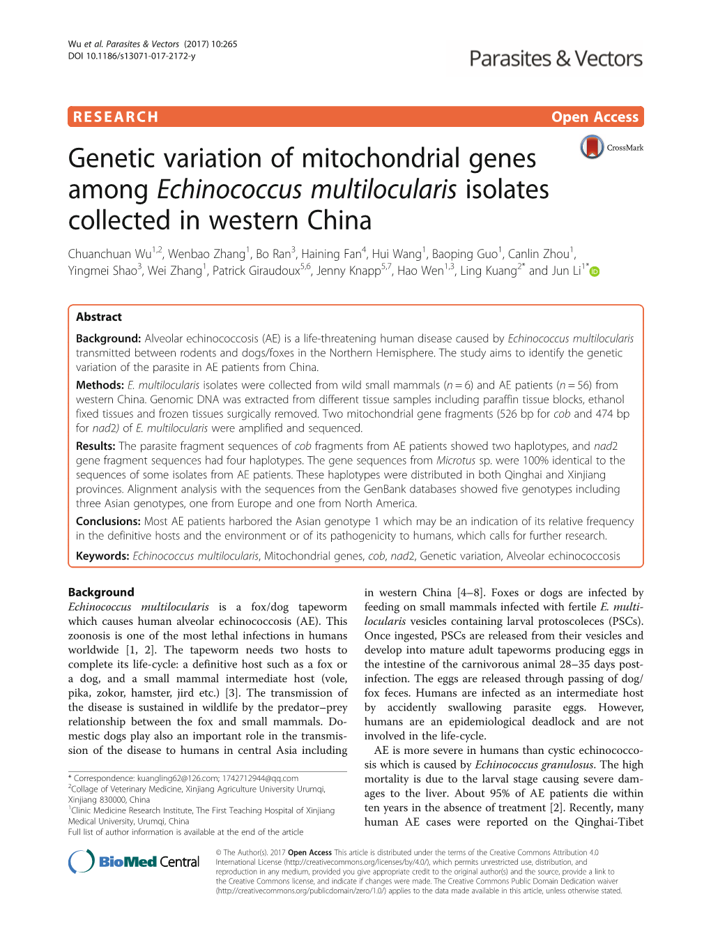 Genetic Variation of Mitochondrial Genes Among Echinococcus