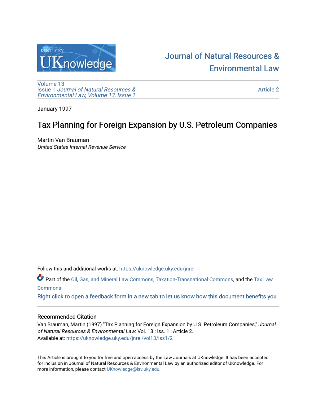 Tax Planning for Foreign Expansion by U.S. Petroleum Companies