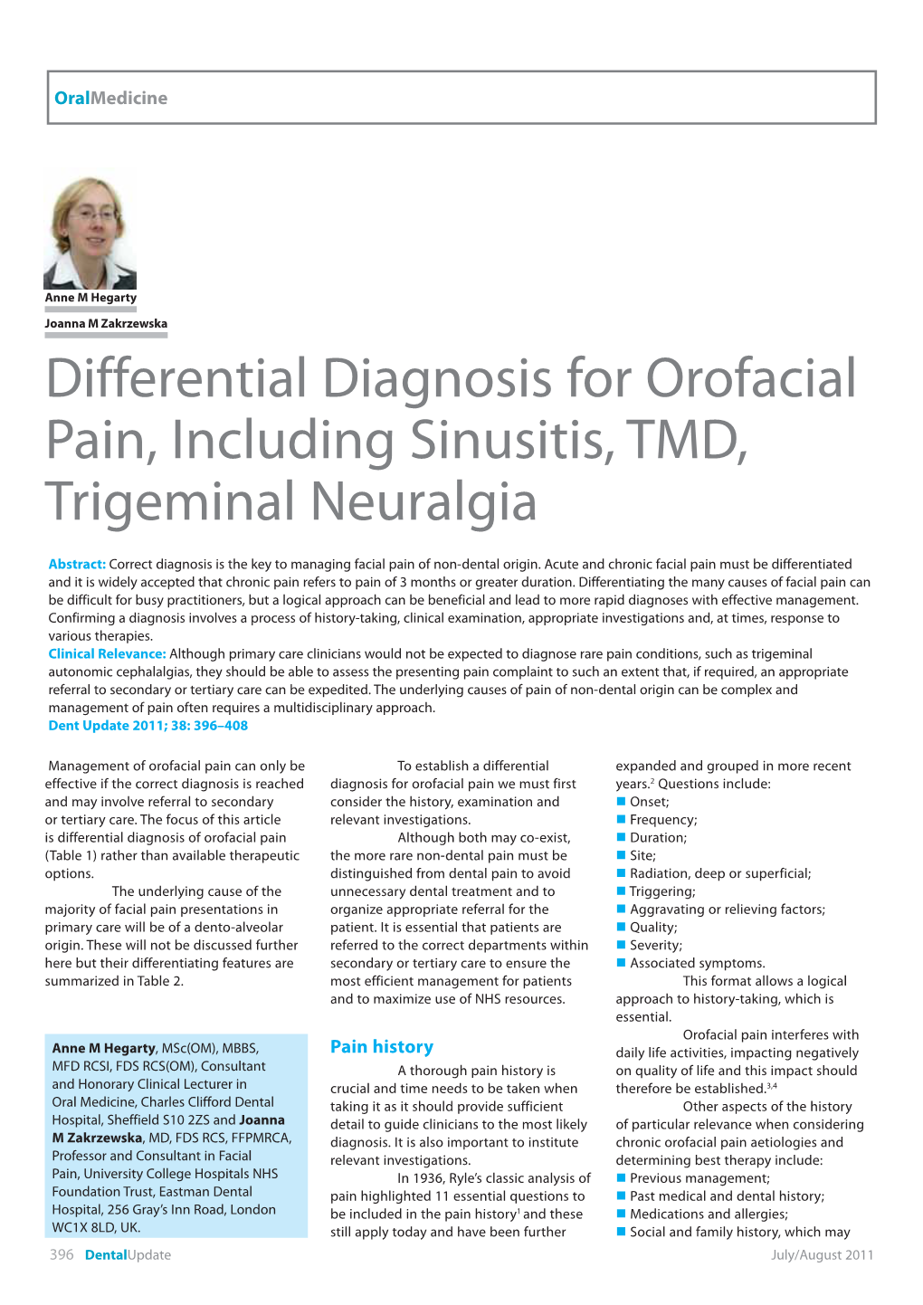 Differential Diagnosis for Orofacial Pain, Including Sinusitis, TMD, Trigeminal Neuralgia