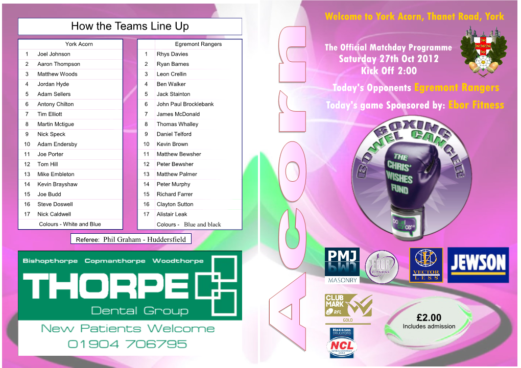 How the Teams Line up Welcome to York Acorn, Thanet Road