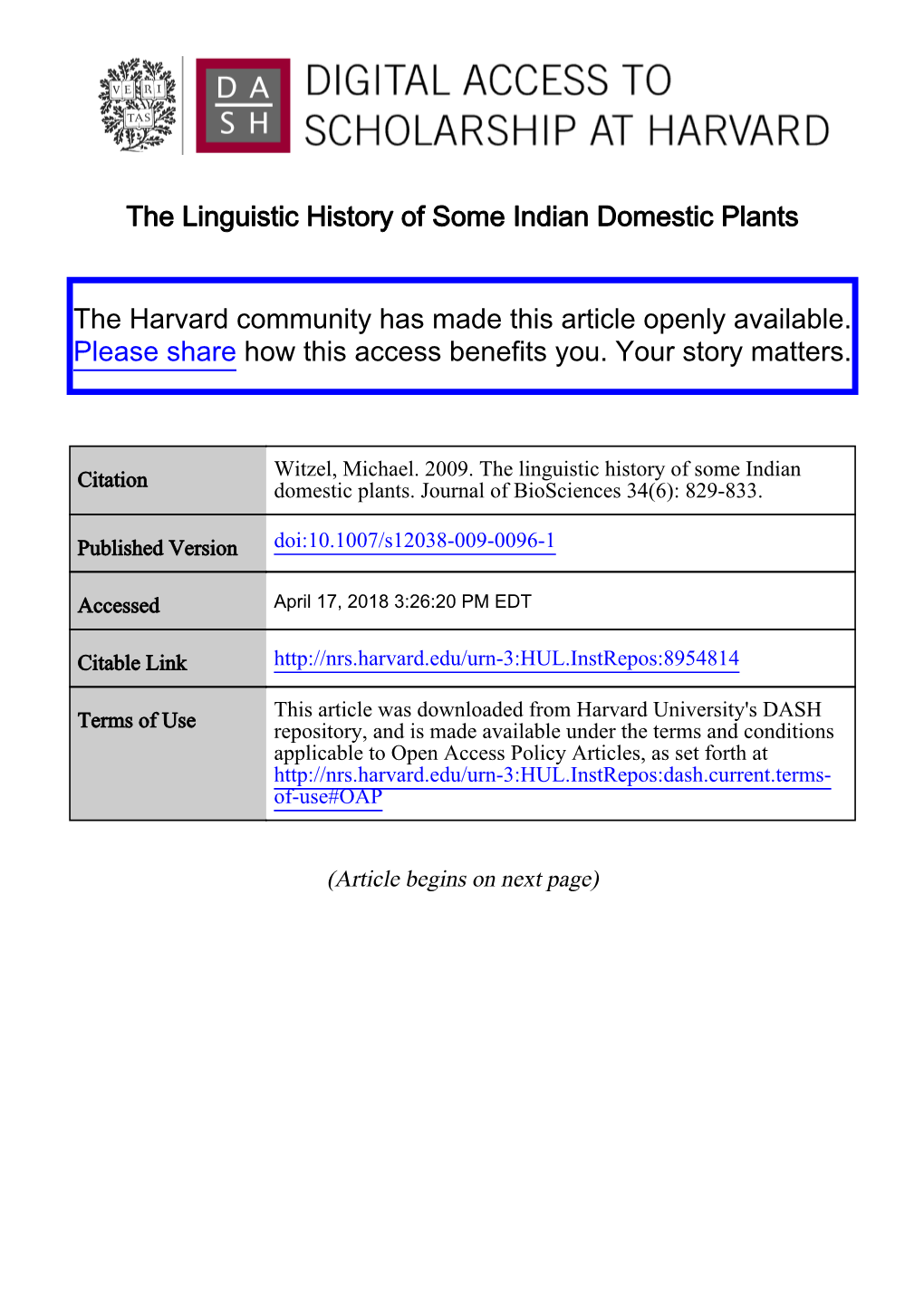 The Linguistic History of Some Indian Domestic Plants the Harvard