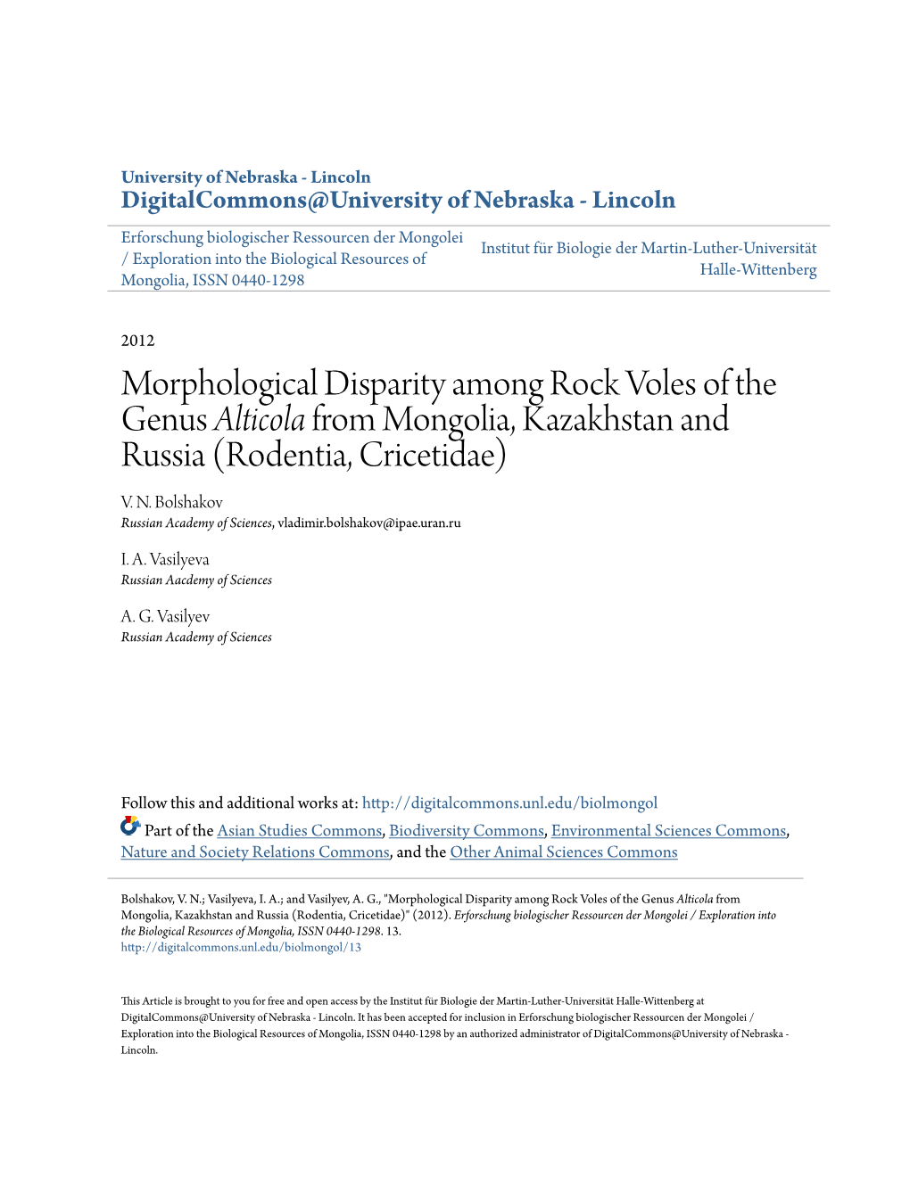 Morphological Disparity Among Rock Voles of the Genus <I>Alticola</I