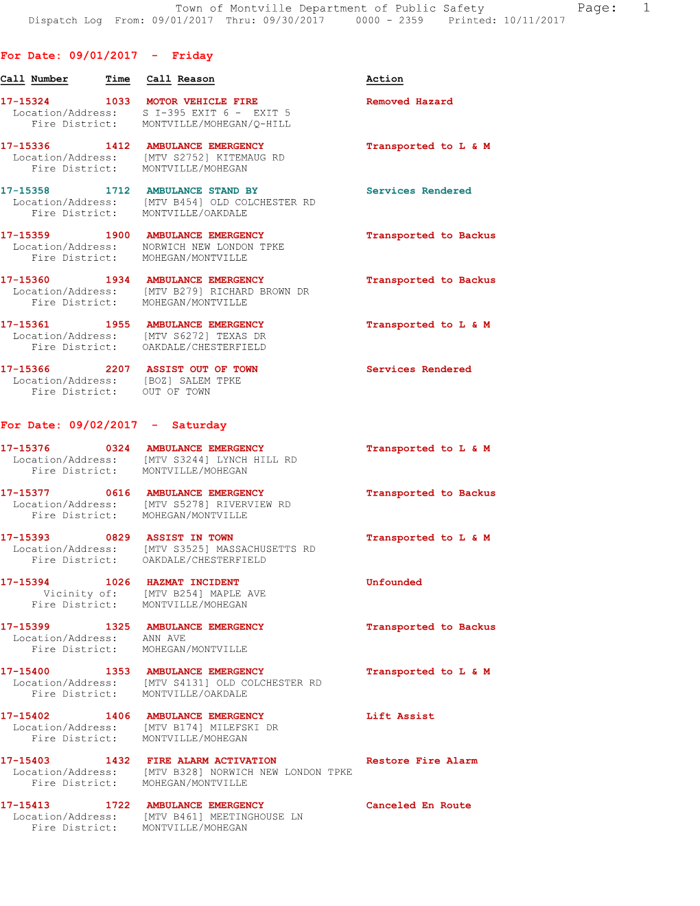 Page: 1 Dispatch Log From: 09/01/2017 Thru: 09/30/2017 0000 - 2359 Printed: 10/11/2017