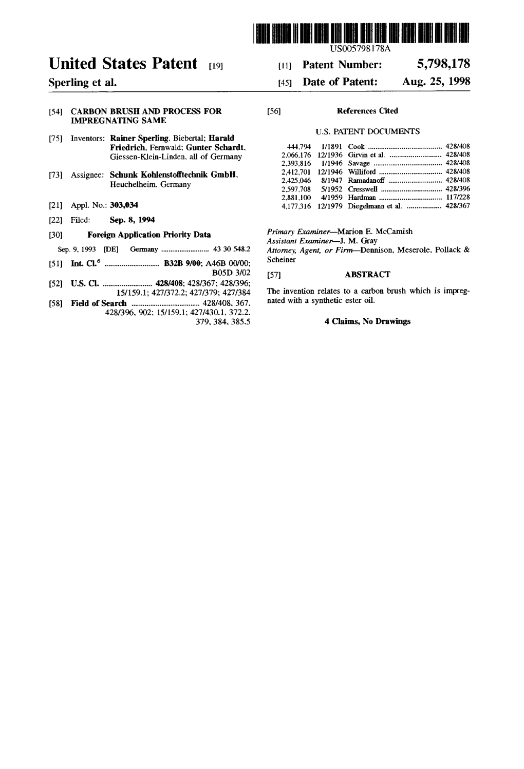 United States Patent (19) 11 Patent Number: 5,798,178 Sperling Et Al