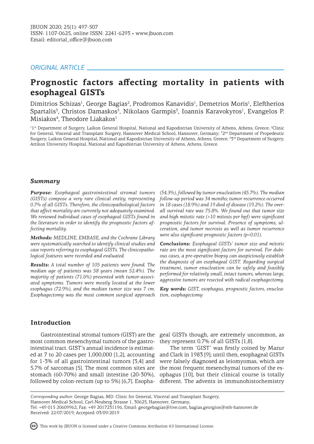 Prognostic Factors Affecting Mortality in Patients with Esophageal Gists