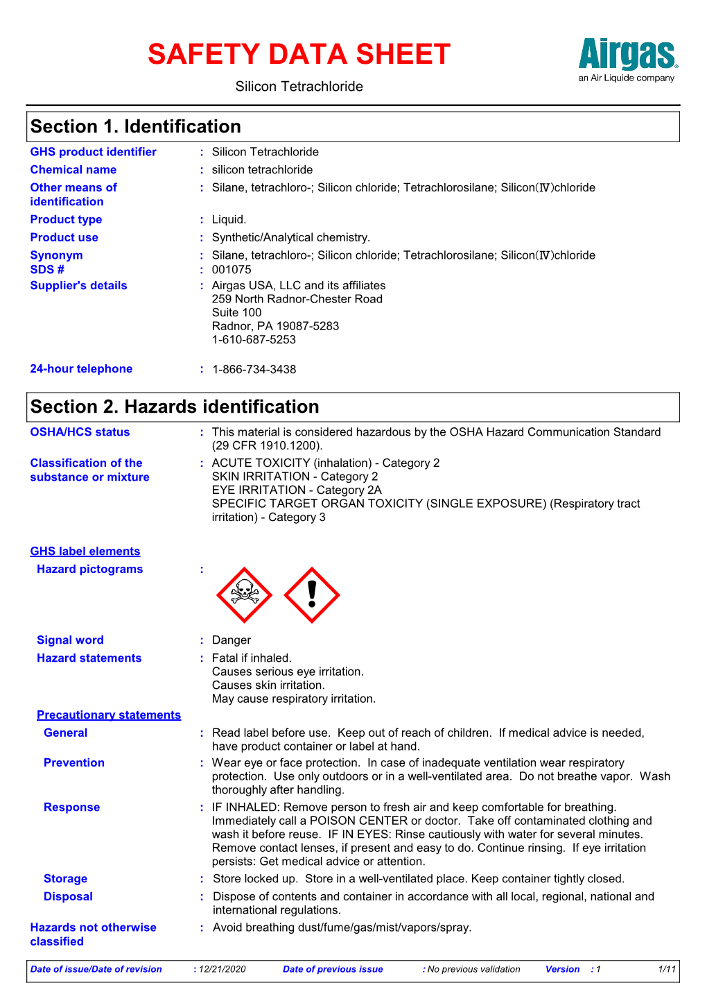 SAFETY DATA SHEET Silicon Tetrachloride