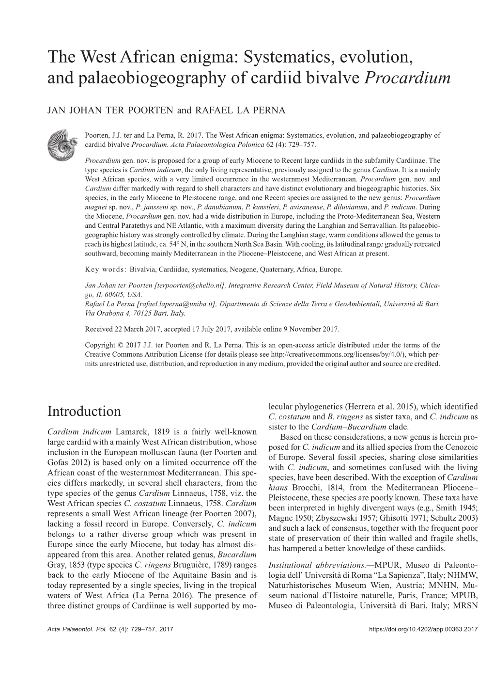 The West African Enigma: Systematics, Evolution, and Palaeobiogeography of Cardiid Bivalve Procardium