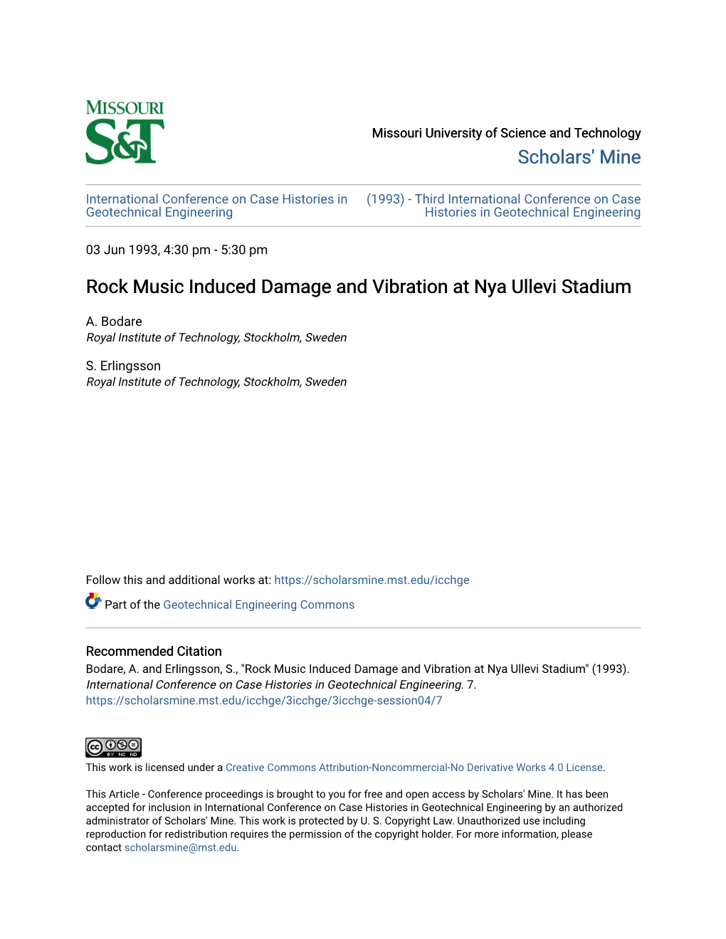 Rock Music Induced Damage and Vibration at Nya Ullevi Stadium