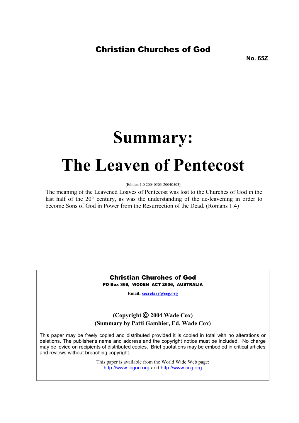 Summary: The Leaven Of Pentecost (N O. 65Z)