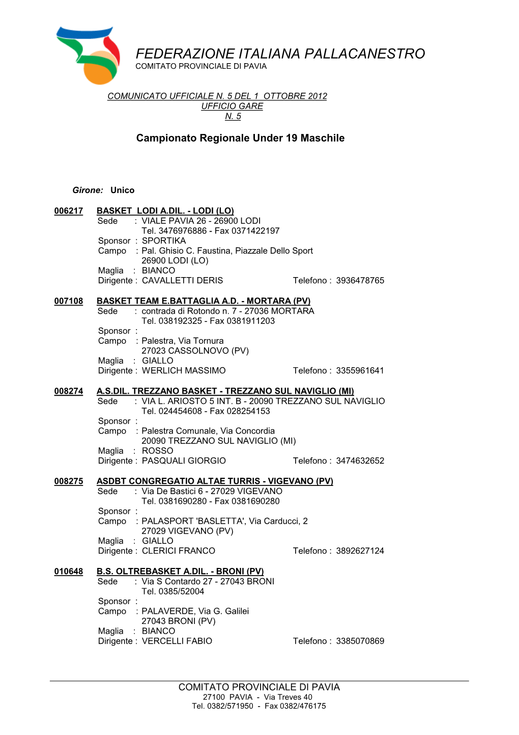 Federazione Italiana Pallacanestro Comitato Provinciale Di Pavia