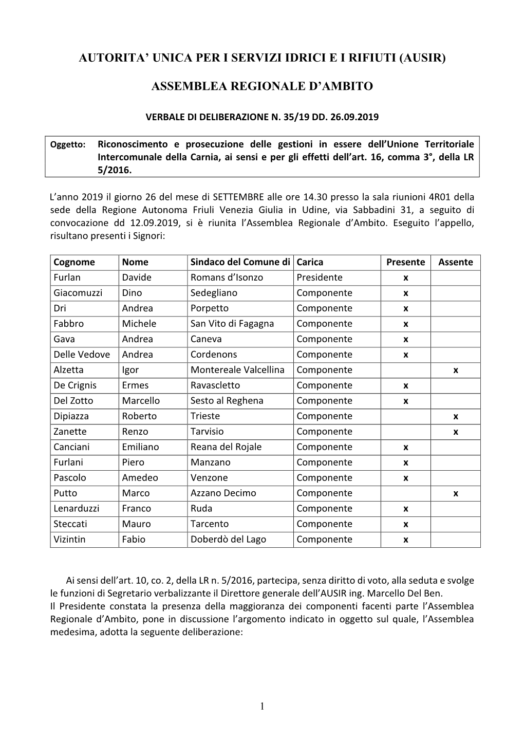 Autorita' Unica Per I Servizi Idrici E I Rifiuti (Ausir) Assemblea Regionale D'ambito