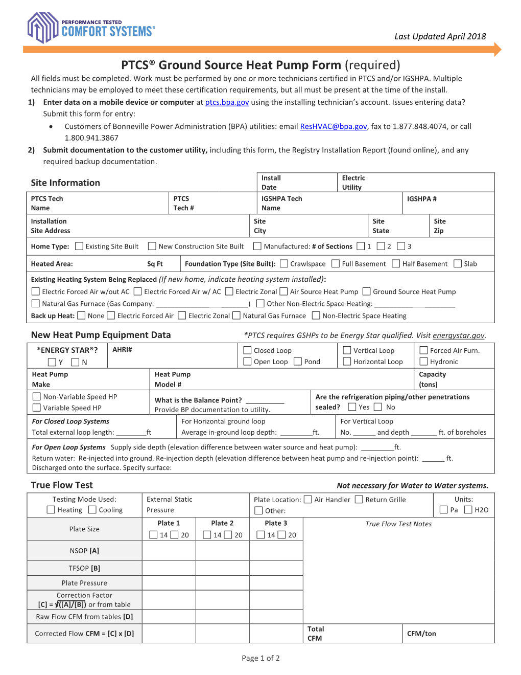 PTCS® Ground Source Heat Pump Form (Required) All Fields Must Be Completed