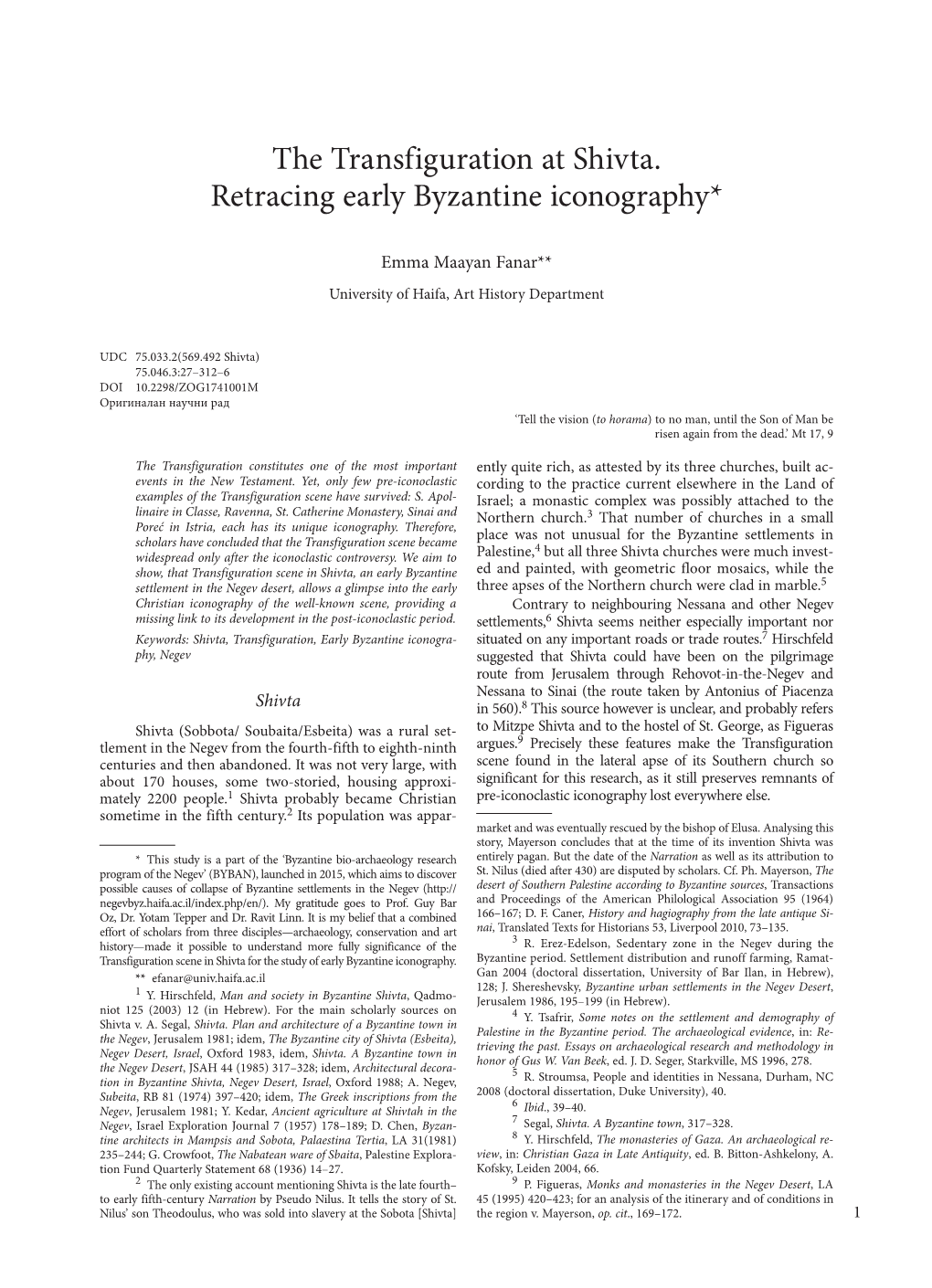 The Transfiguration at Shivta. Retracing Early Byzantine Iconography*