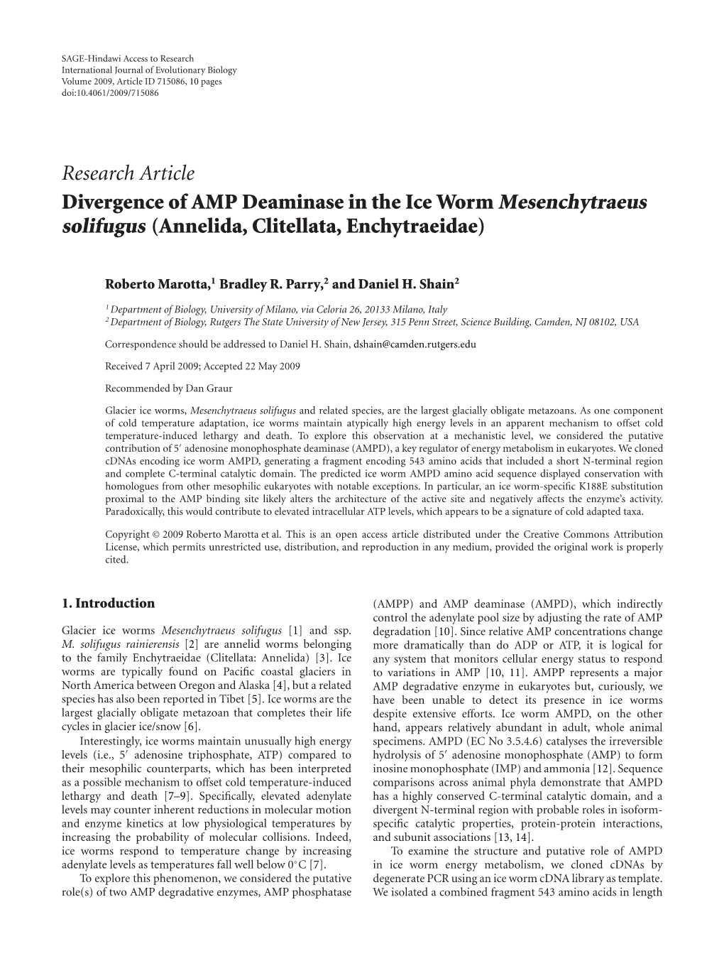 Divergence of AMP Deaminase in the Ice Worm Mesenchytraeus Solifugus (Annelida, Clitellata, Enchytraeidae)