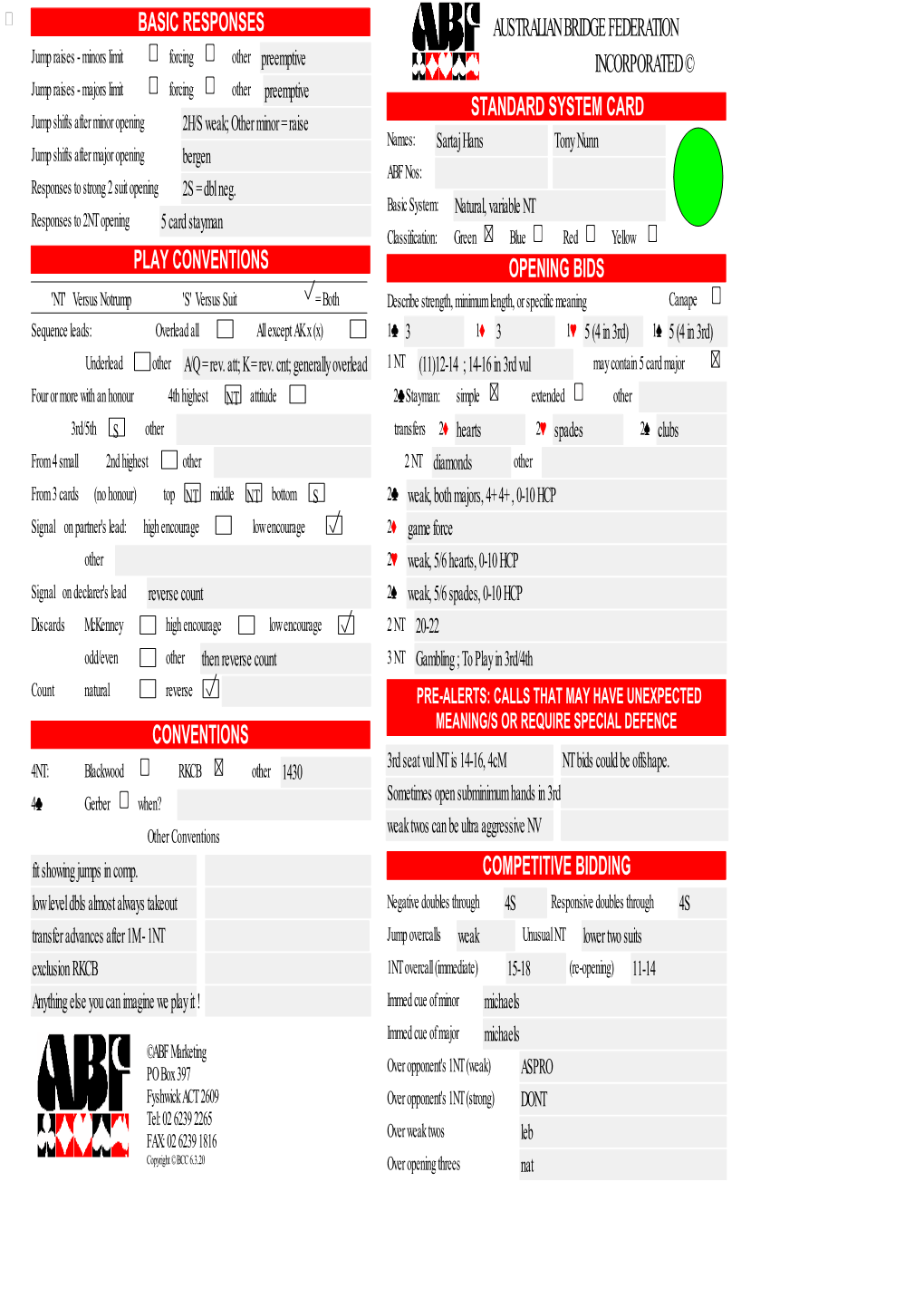 Standard System Card Opening Bids Competitive