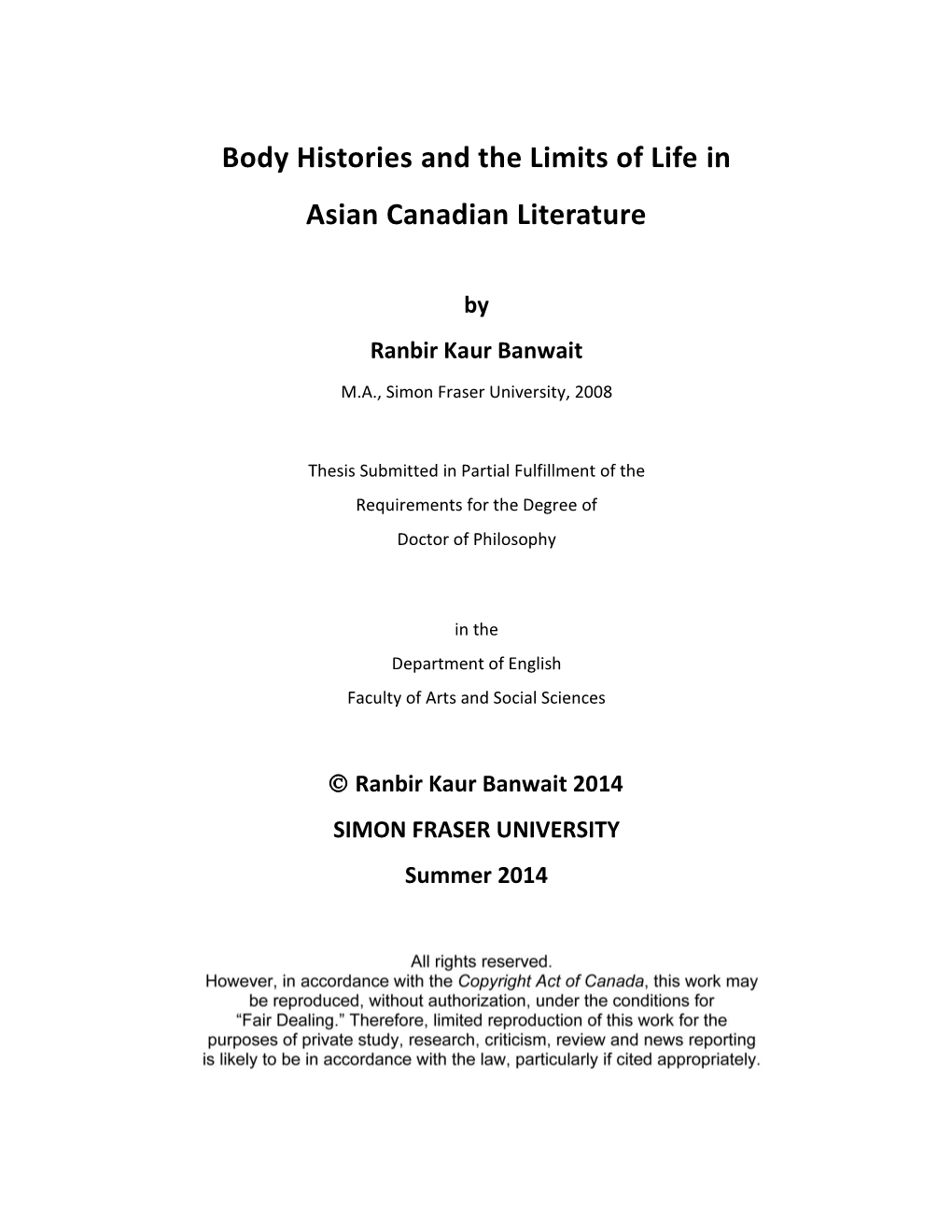 Body Histories and the Limits of Life in Asian Canadian Literature