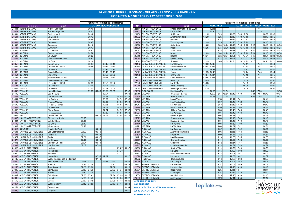 Ligne 5015: Berre - Rognac - Velaux - Lancon - La Fare - Aix Horaires a Compter Du 17 Septembre 2018