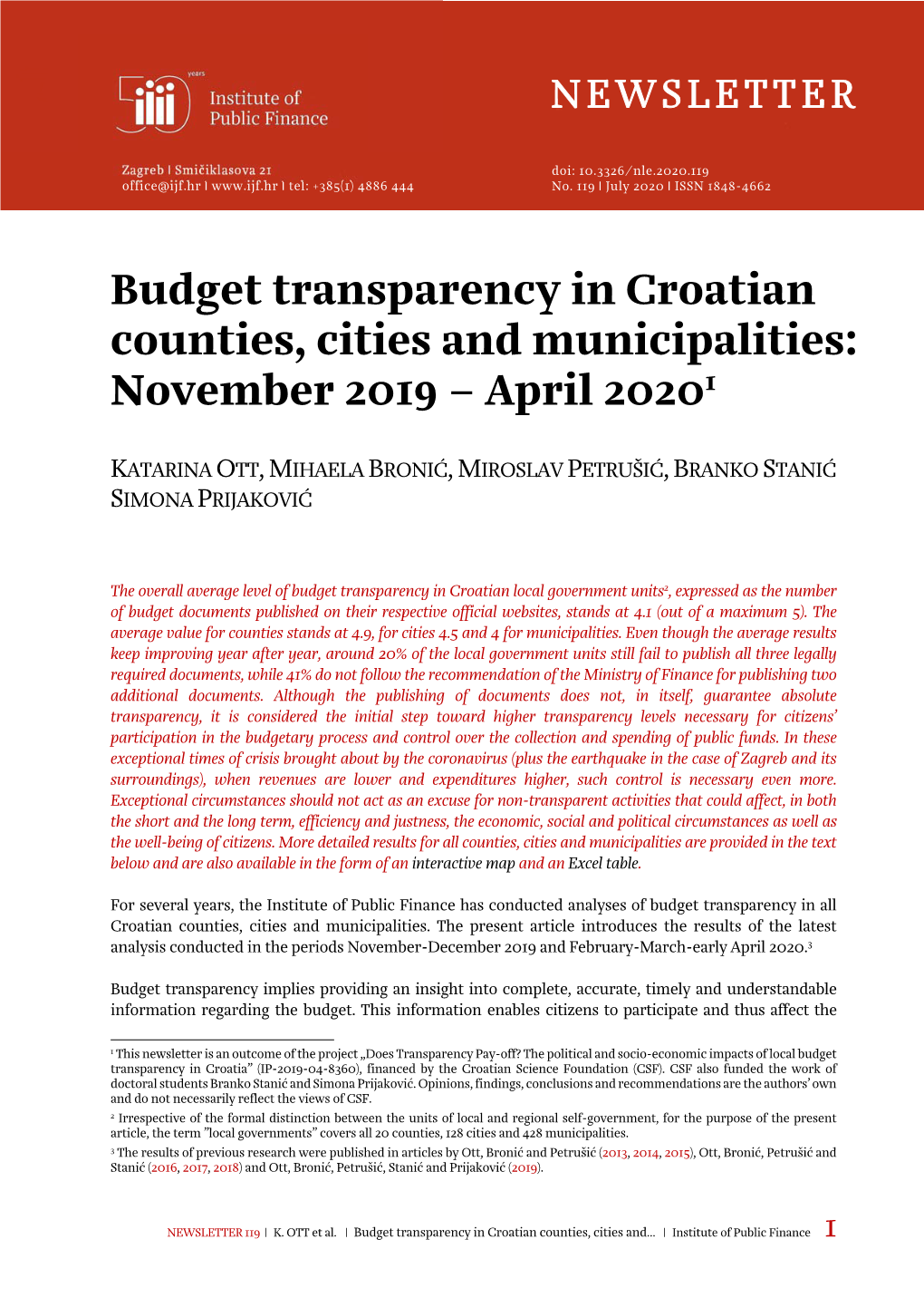 Budget Transparency in Croatian Counties, Cities and Municipalities: November 2019 – April 20201