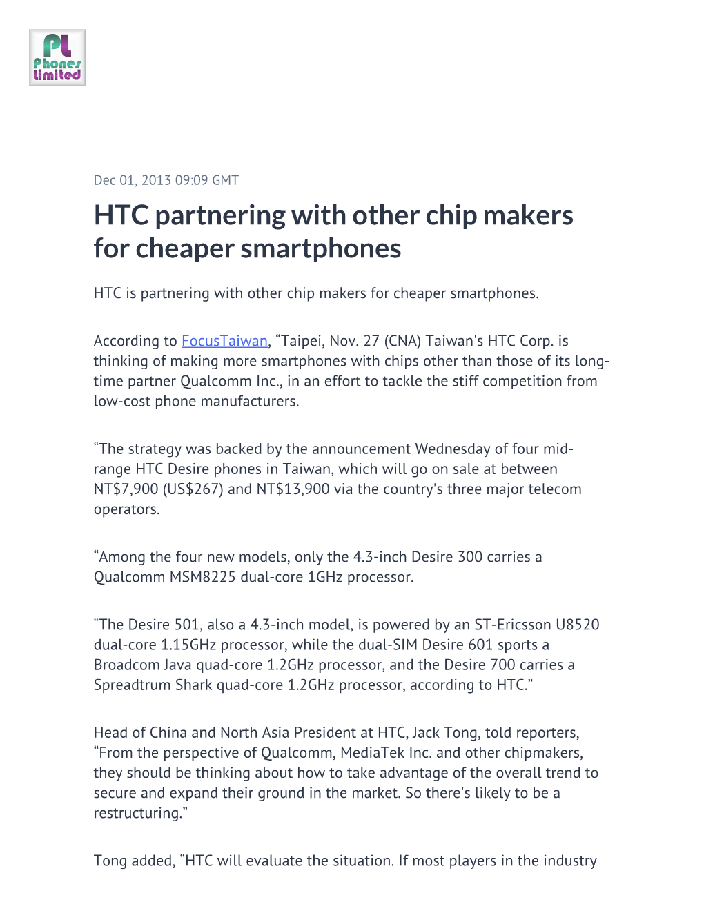 HTC Partnering with Other Chip Makers for Cheaper Smartphones