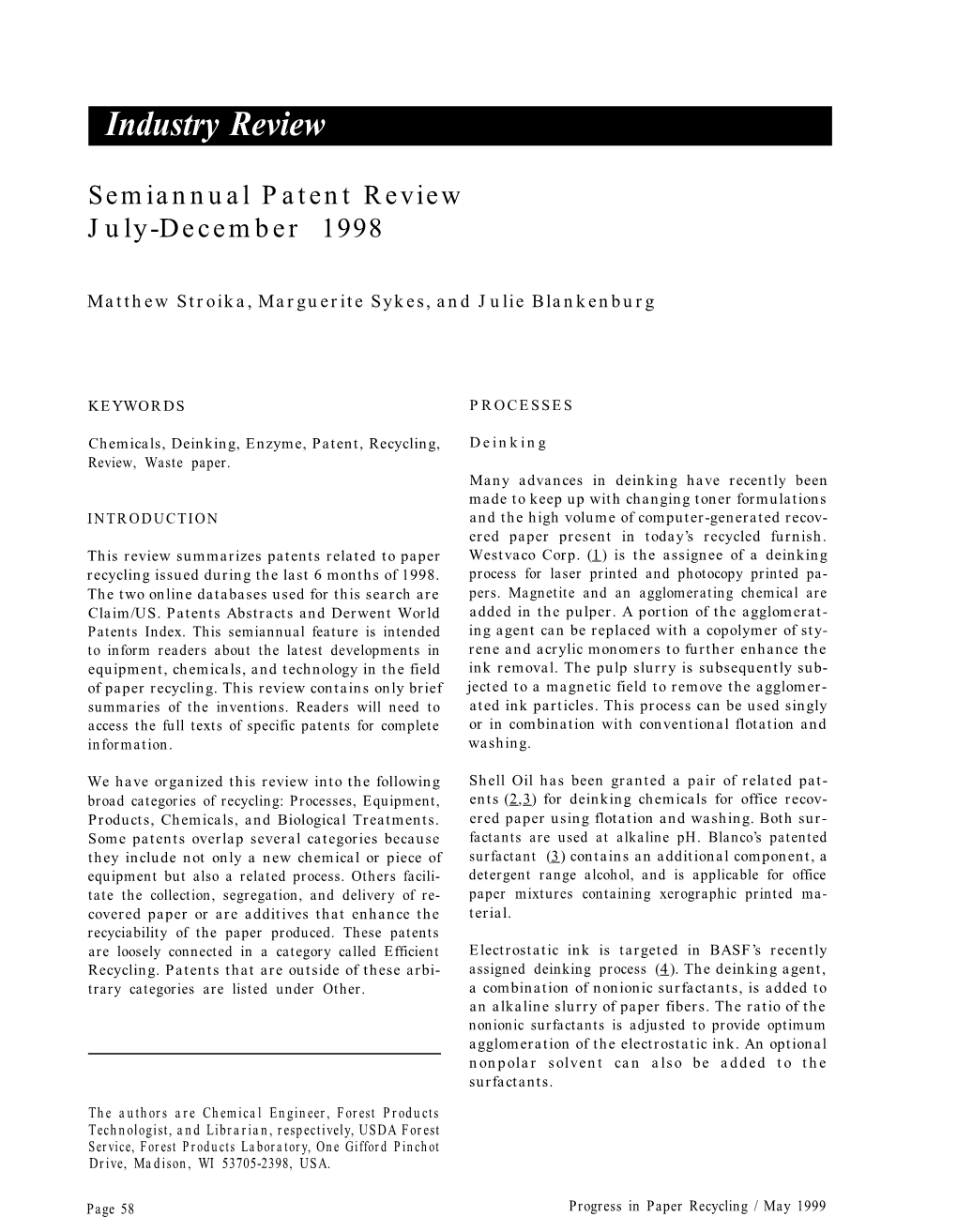 Industry Review Semiannual Patent Review July-December 1998