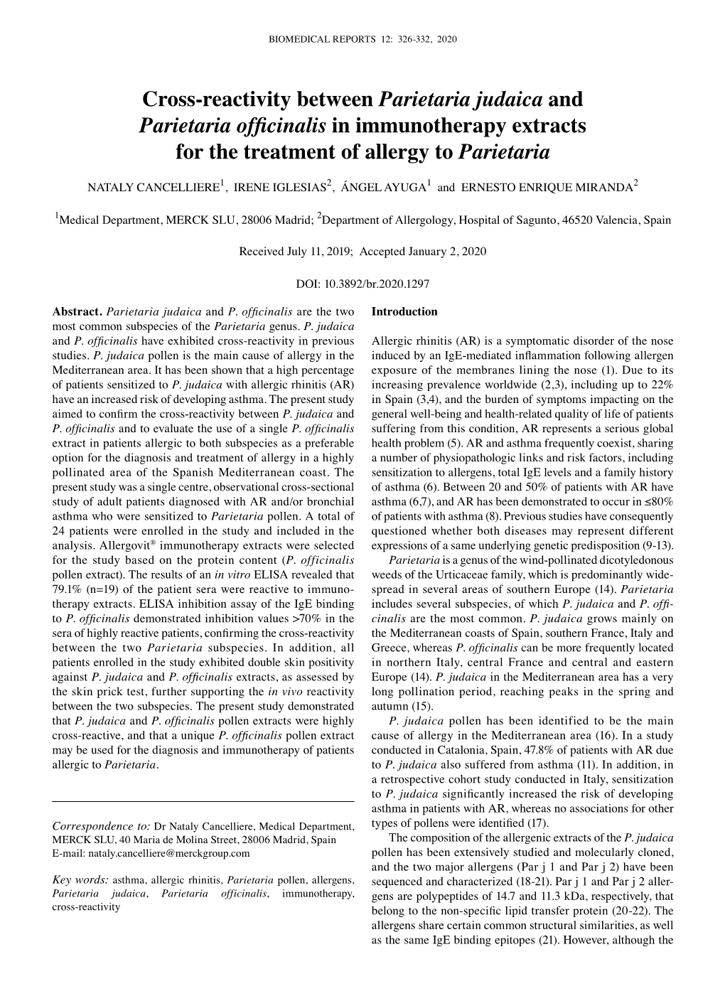 Cross‑Reactivity Between Parietaria Judaica and Parietaria Officinalis in Immunotherapy Extracts for the Treatment of Allergy to Parietaria