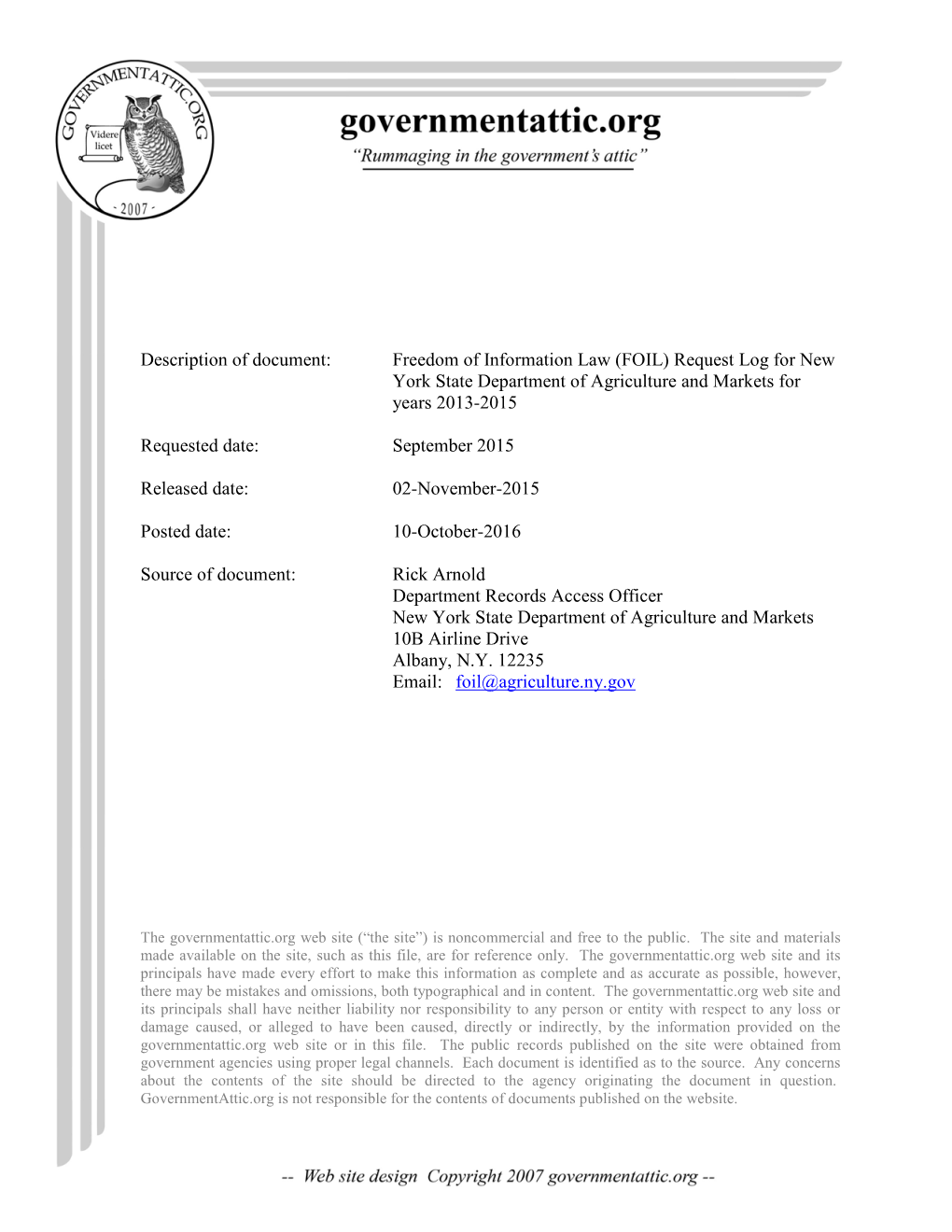 Freedom of Information Law (FOIL) Request Log for New York State Department of Agriculture and Markets for Years 2013-2015