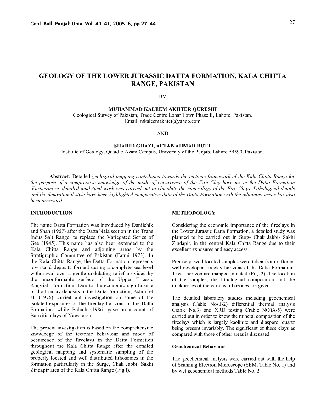 Geology of the Lower Jurassic Datta Formation, Kala Chitta Range, Pakistan