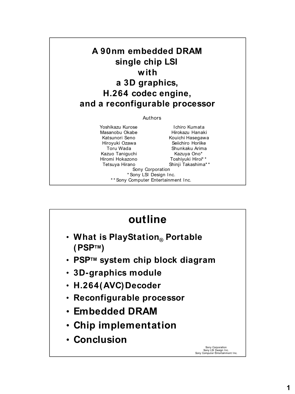 3D-Graphics Module • H.264(AVC)Decoder • Reconfigurable Processor • Embedded DRAM • Chip Implementation • Conclusion Sony Corporation Sony LSI Design Inc