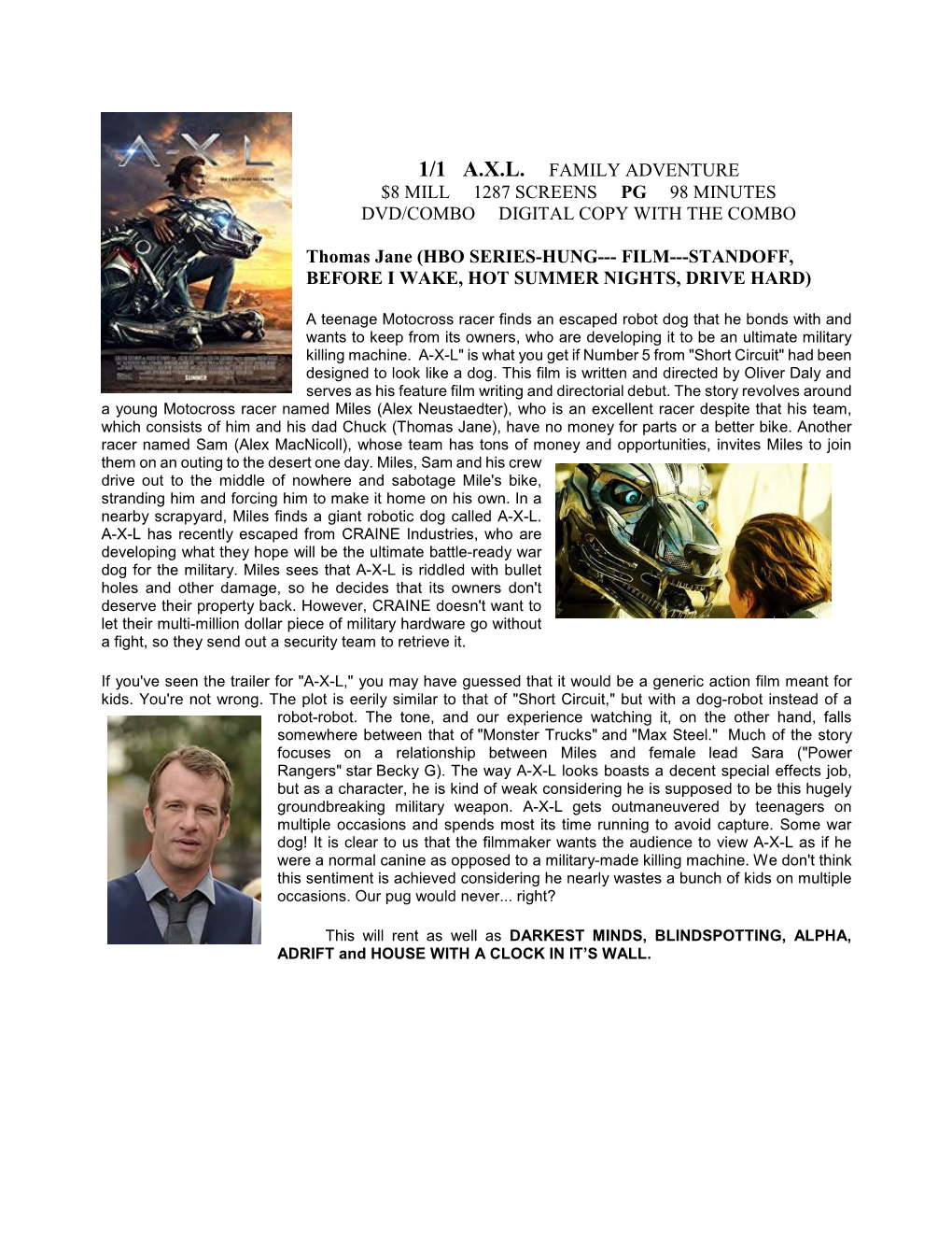 1/1 A.X.L. FAMILY ADVENTURE $8 MILL 1287 SCREENS PG 98 MINUTES DVD/COMBO DIGITAL COPY with the COMBO Thomas Jane