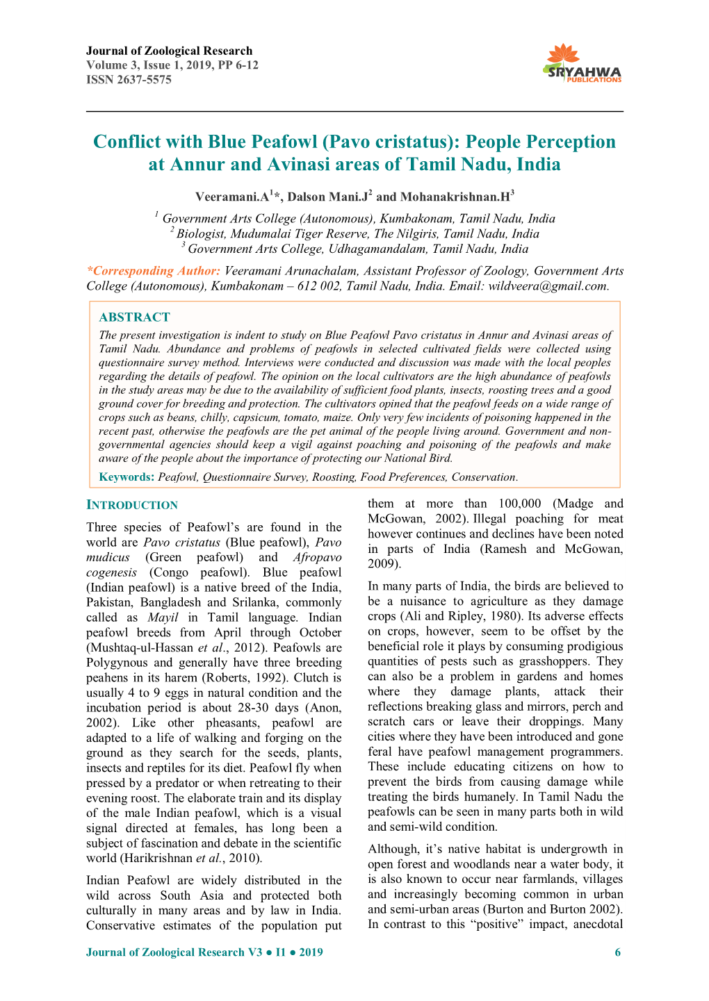 (Pavo Cristatus): People Perception at Annur and Avinasi Areas of Tamil Nadu, India