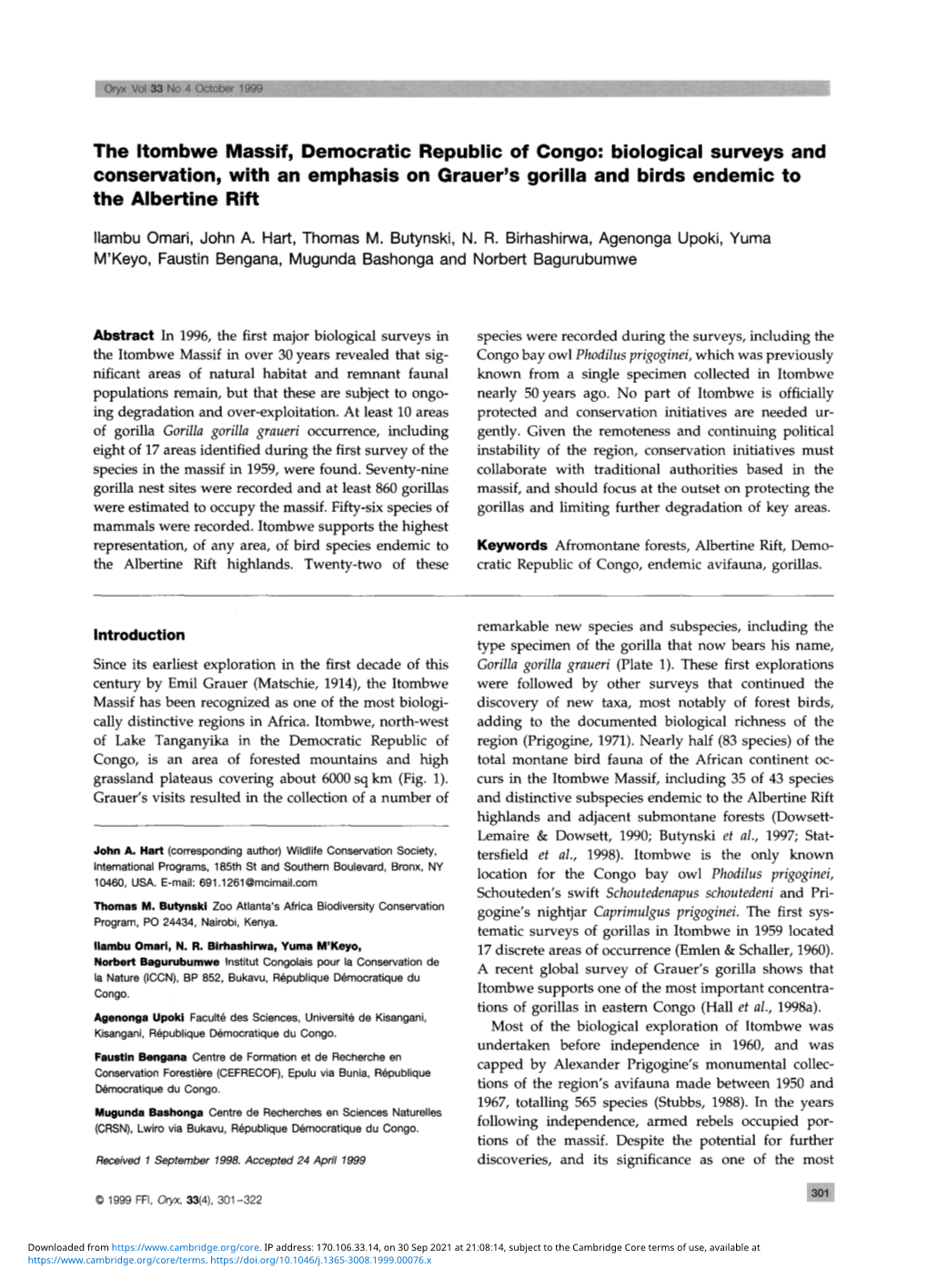 The Itombwe Massif, Democratic Republic of Congo: Biological Surveys and Conservation, with an Emphasis on Grauer's Gorilla and Birds Endemic to the Albertine Rift