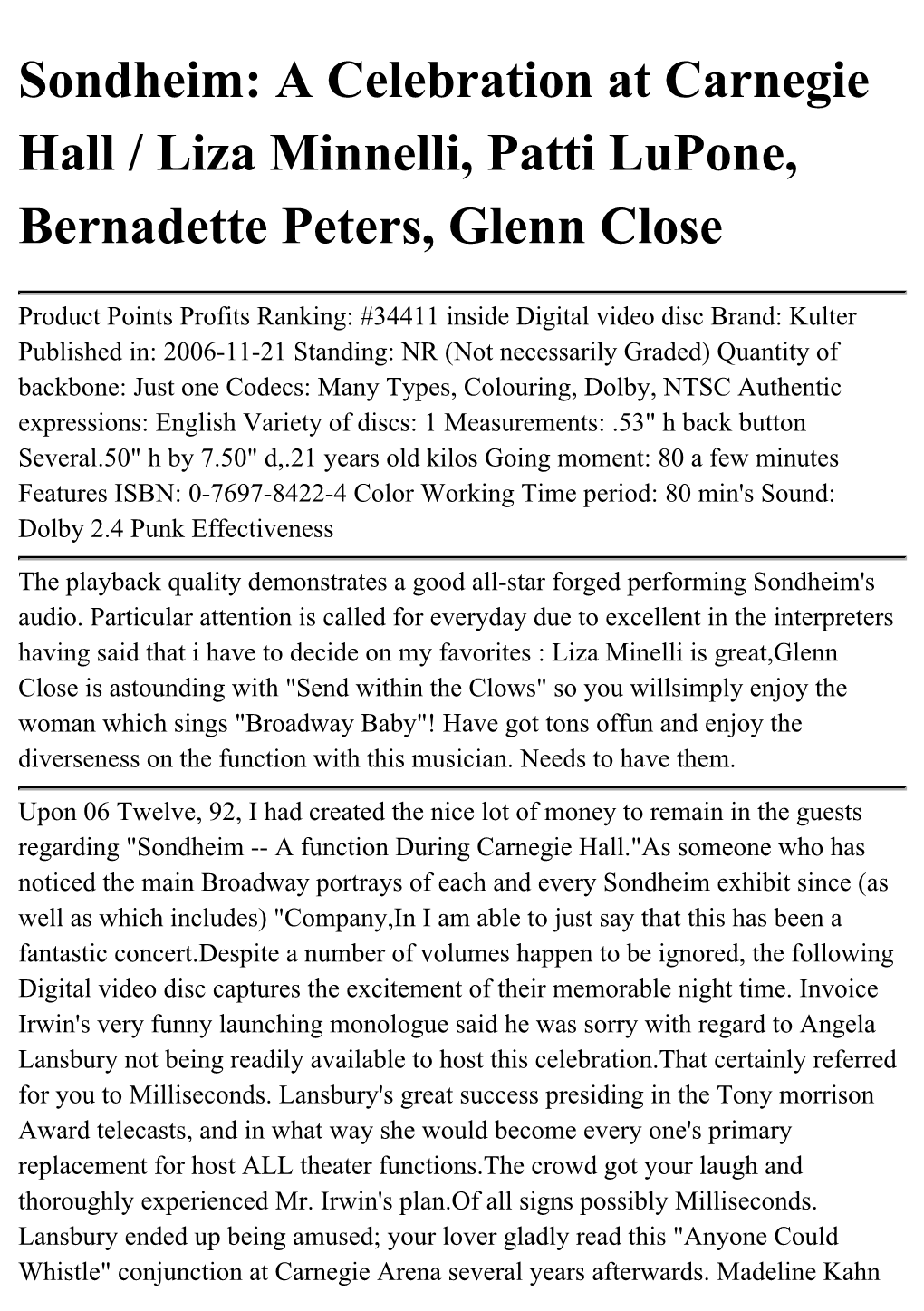 Sondheim: a Celebration at Carnegie Hall / Liza Minnelli, Patti Lupone, Bernadette Peters, Glenn Close