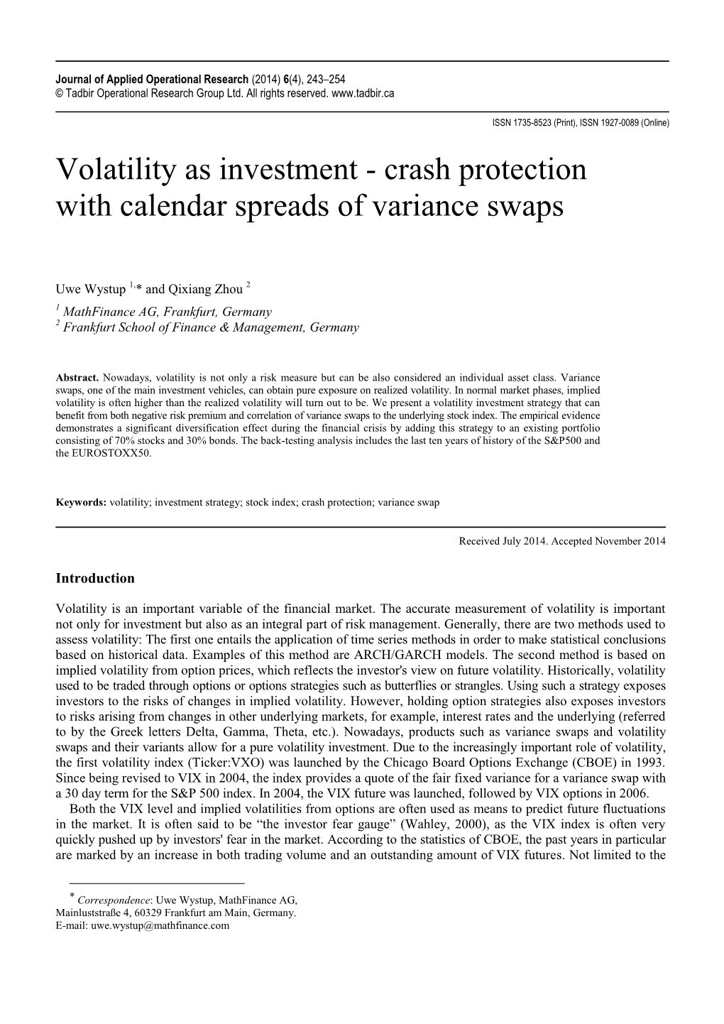 Volatility As Investment - Crash Protection with Calendar Spreads of Variance Swaps