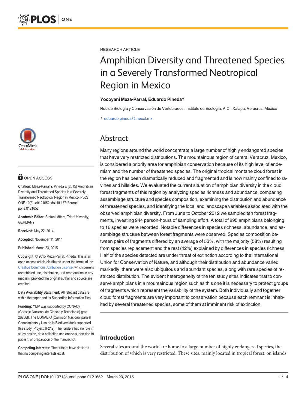 Amphibian Diversity and Threatened Species in a Severely Transformed Neotropical Region in Mexico