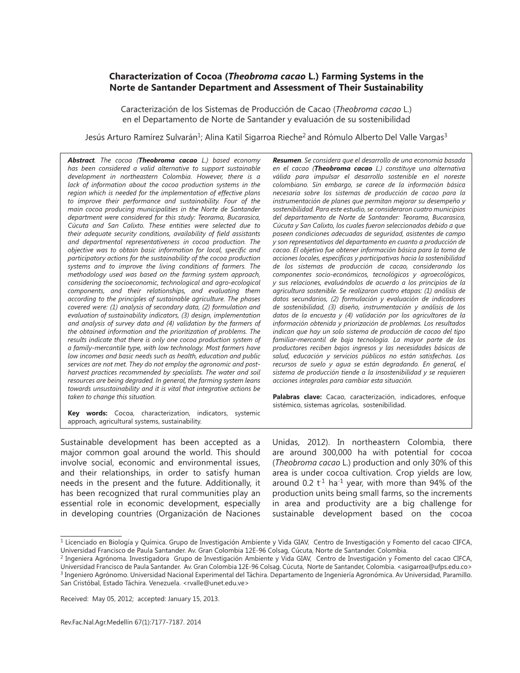 Characterization of Cocoa (Theobroma Cacao L.) Farming Systems in the Norte De Santander Department and Assessment of Their Sustainability