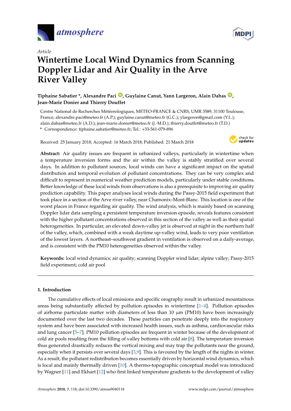 Wintertime Local Wind Dynamics from Scanning Doppler Lidar and Air Quality in the Arve River Valley