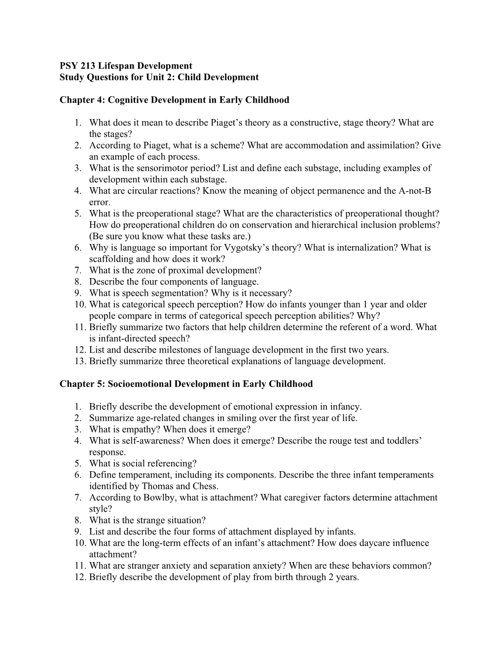 Study Questions for Unit 2: Child Development